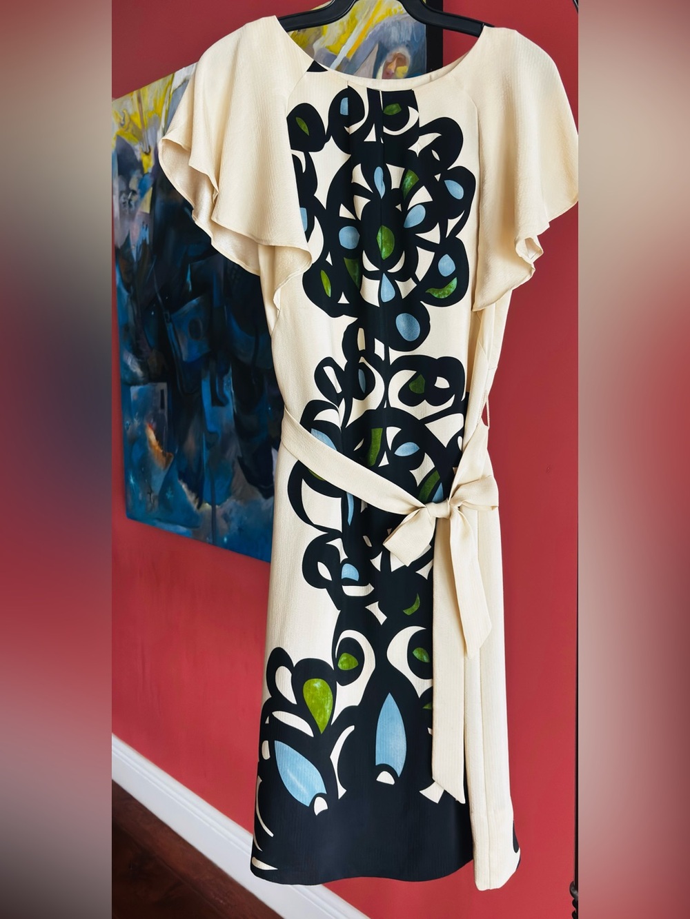 leifsdottir Cream Silk Midi Dress with Black Floral Cutout and Blue-Green Accent